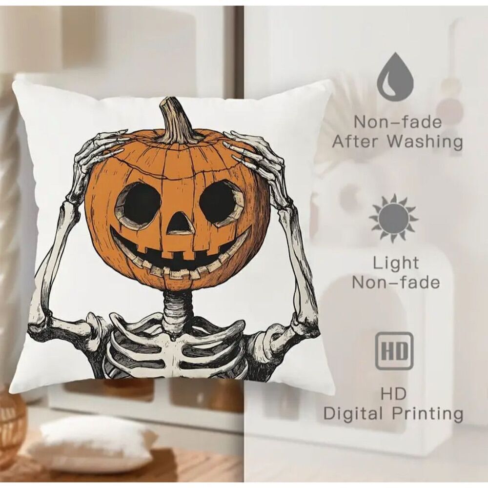 4 Pack Halloween Skeleton Skull Pumpkin Square Throw Pillow Covers Gothic Grunge - Picture 10 of 14